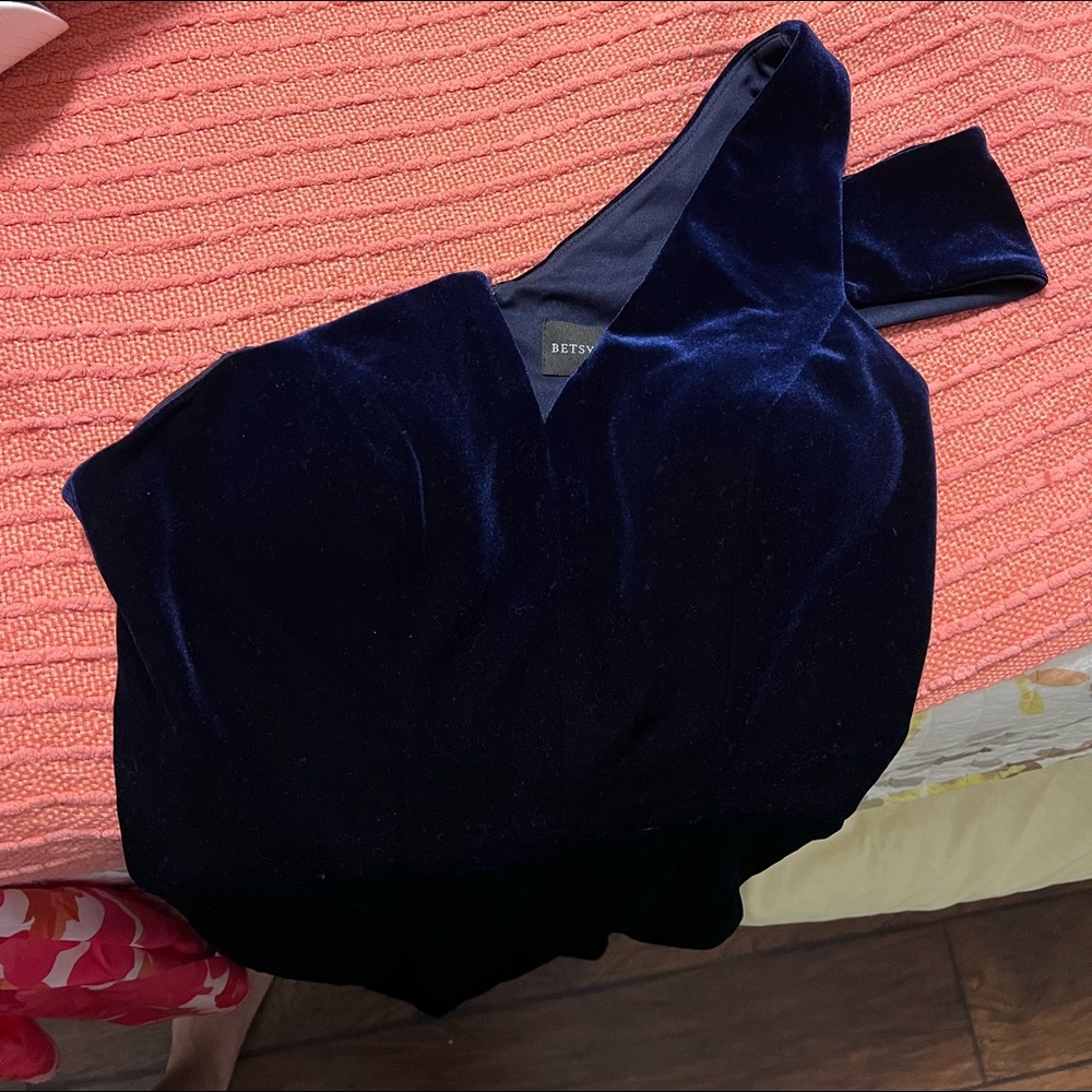 Navy velvet formal dress with unique neckline